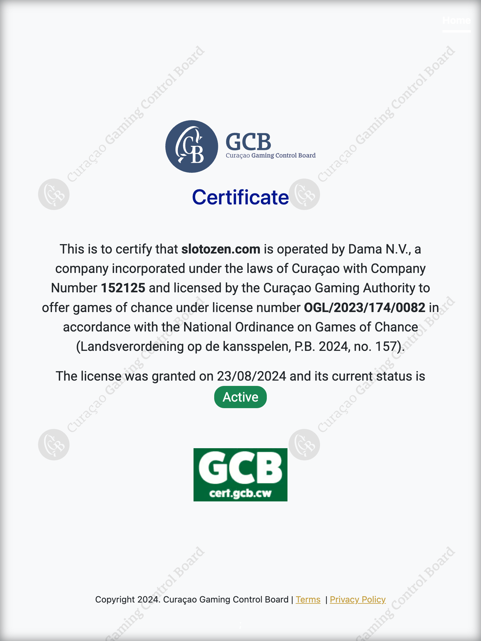 Slotozen Casino Licence Certificate